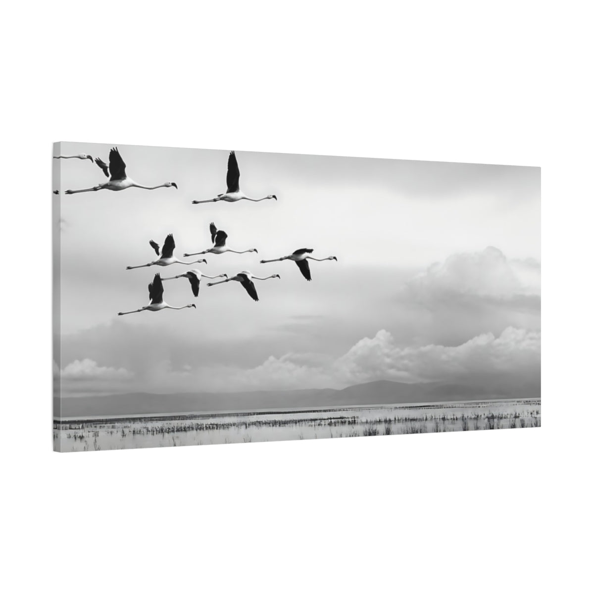 Main Mockup. Flamingo Flock In Flight shown as canvas print