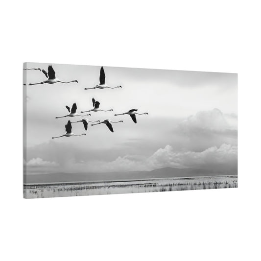 Main Mockup. Flamingo Flock In Flight shown as canvas print