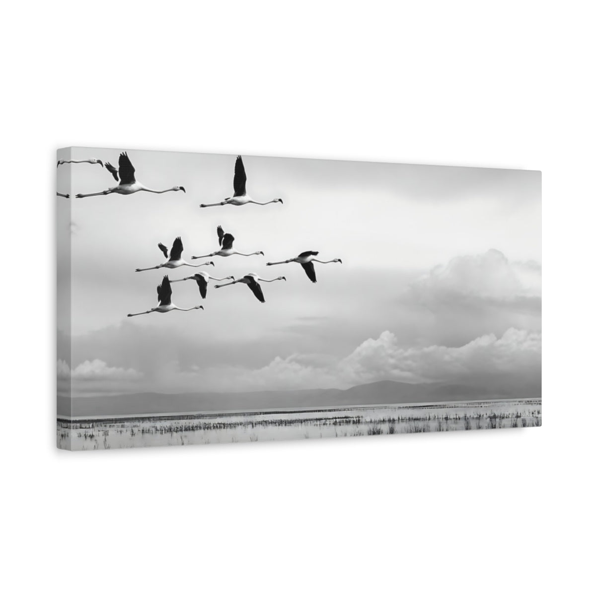 Side Mockup 3. Flamingo Flock In Flight shown as canvas print