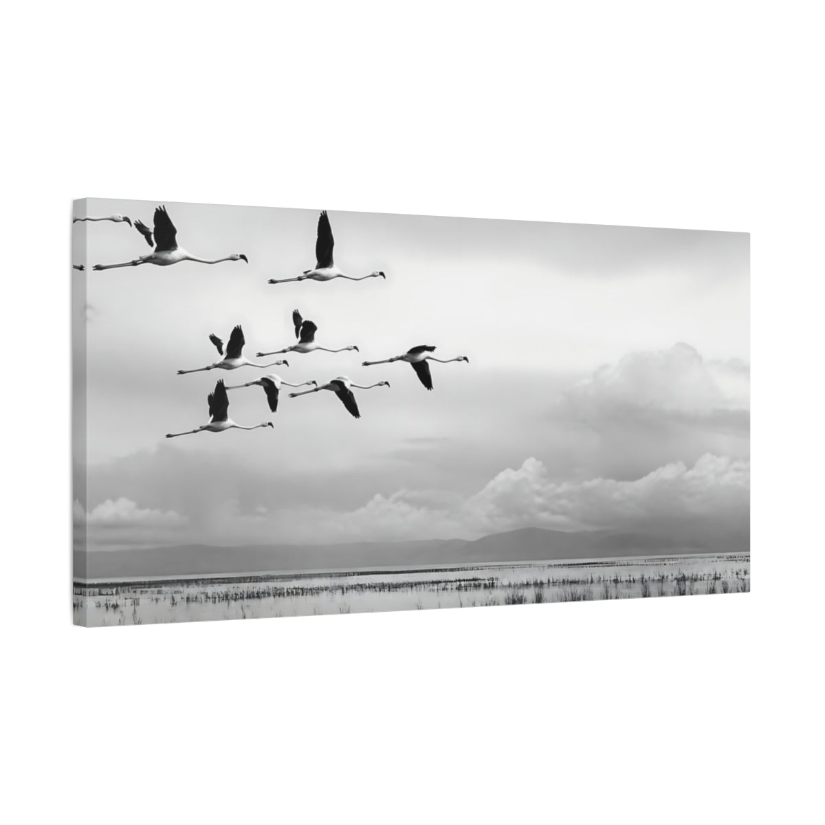 Side Mockup 1. Flamingo Flock In Flight shown as canvas print