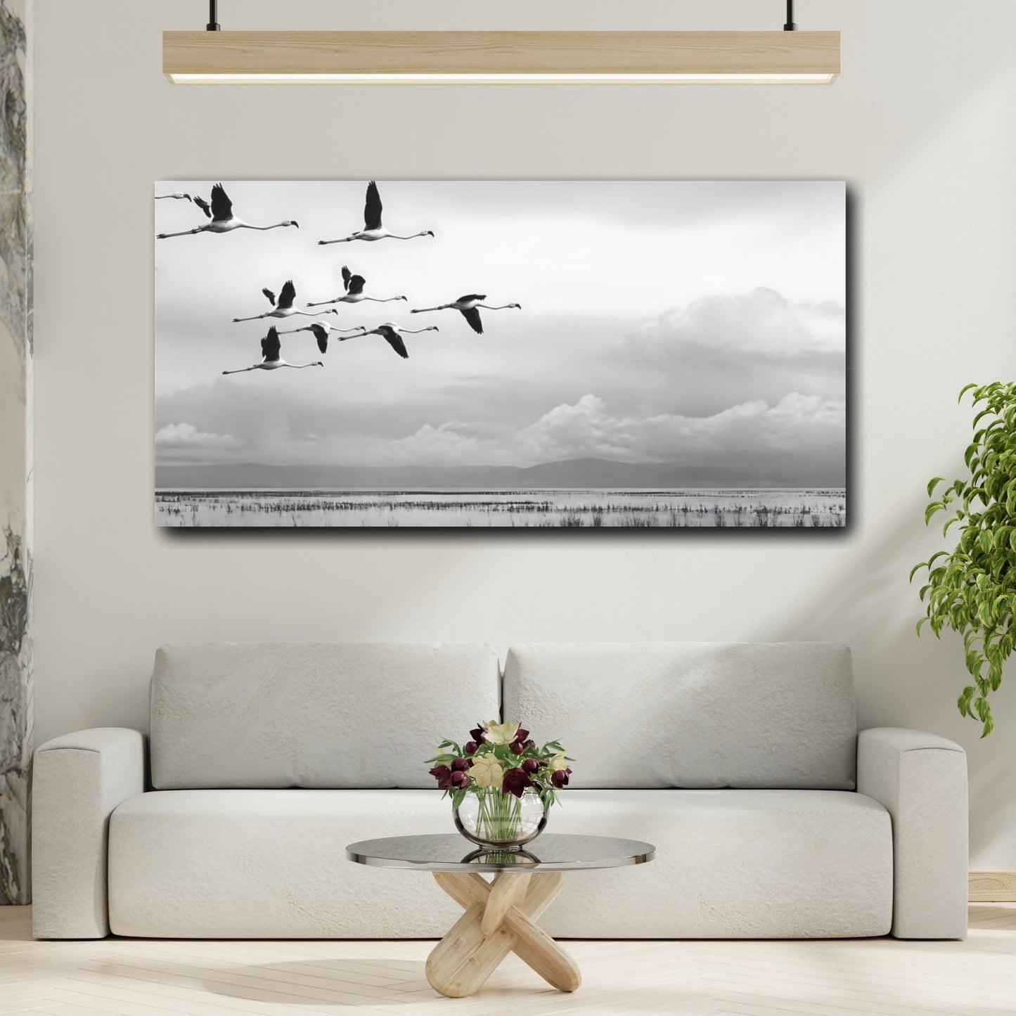 Mockup 2. Flamingo Flock In Flight shown as canvas print