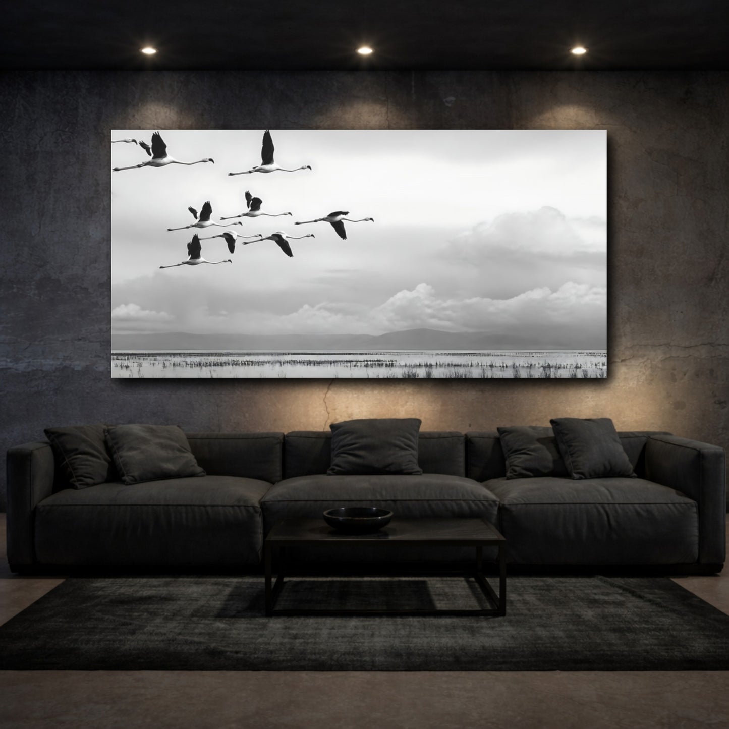 Mockup 3. Flamingo Flock In Flight shown as canvas print