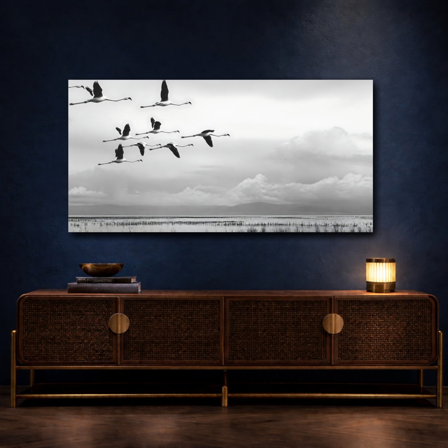 Mockup 4. Flamingo Flock In Flight shown as canvas print