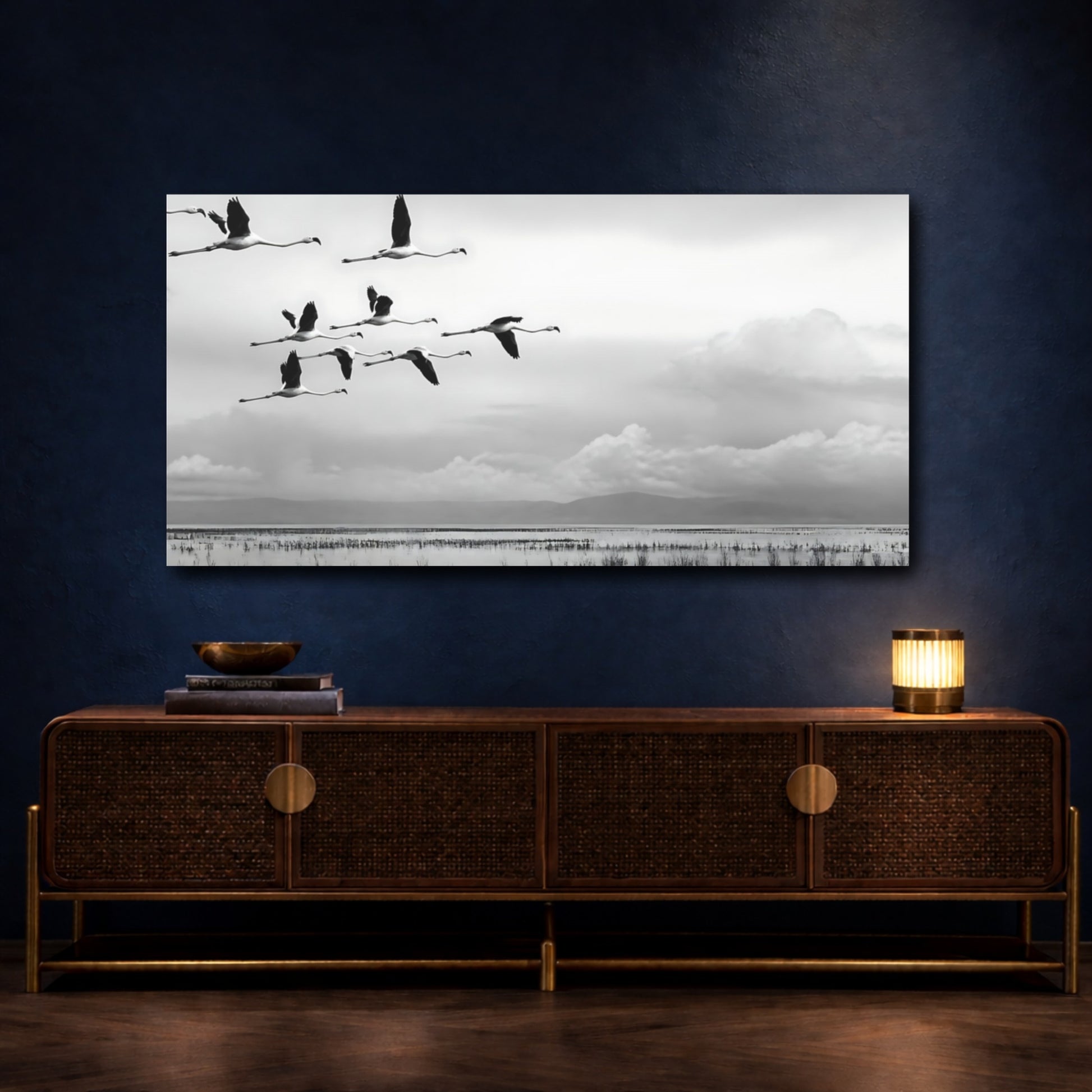 Mockup 4. Flamingo Flock In Flight shown as canvas print