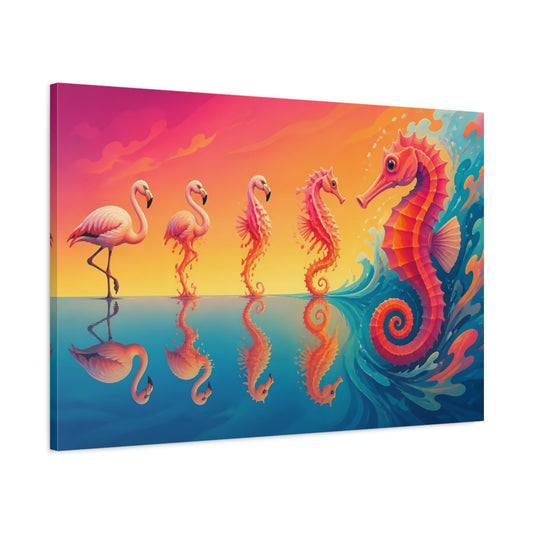 Main Mockup. Flamingo To Seahorse shown as canvas print