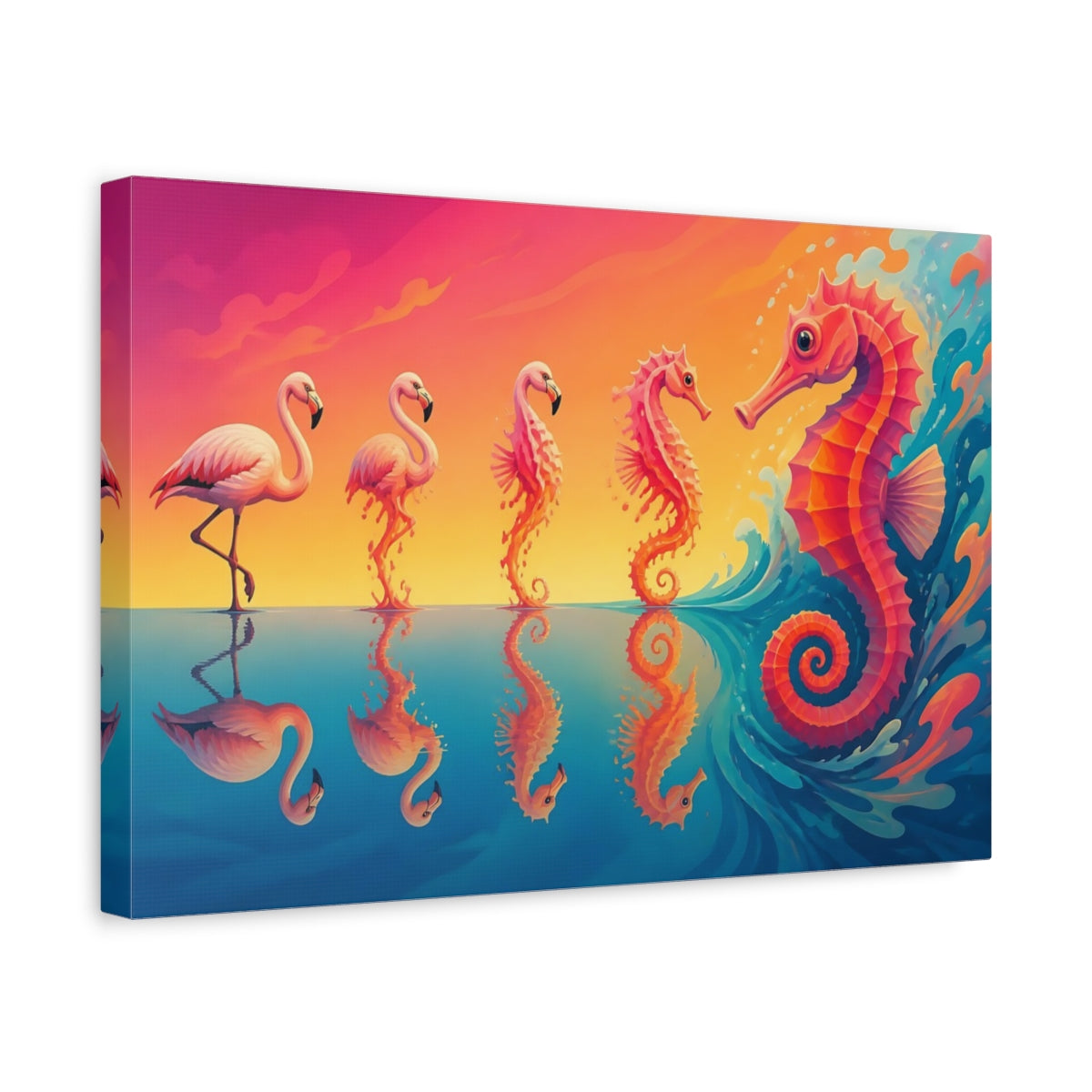 Side Mockup 4. Flamingo To Seahorse shown as canvas print