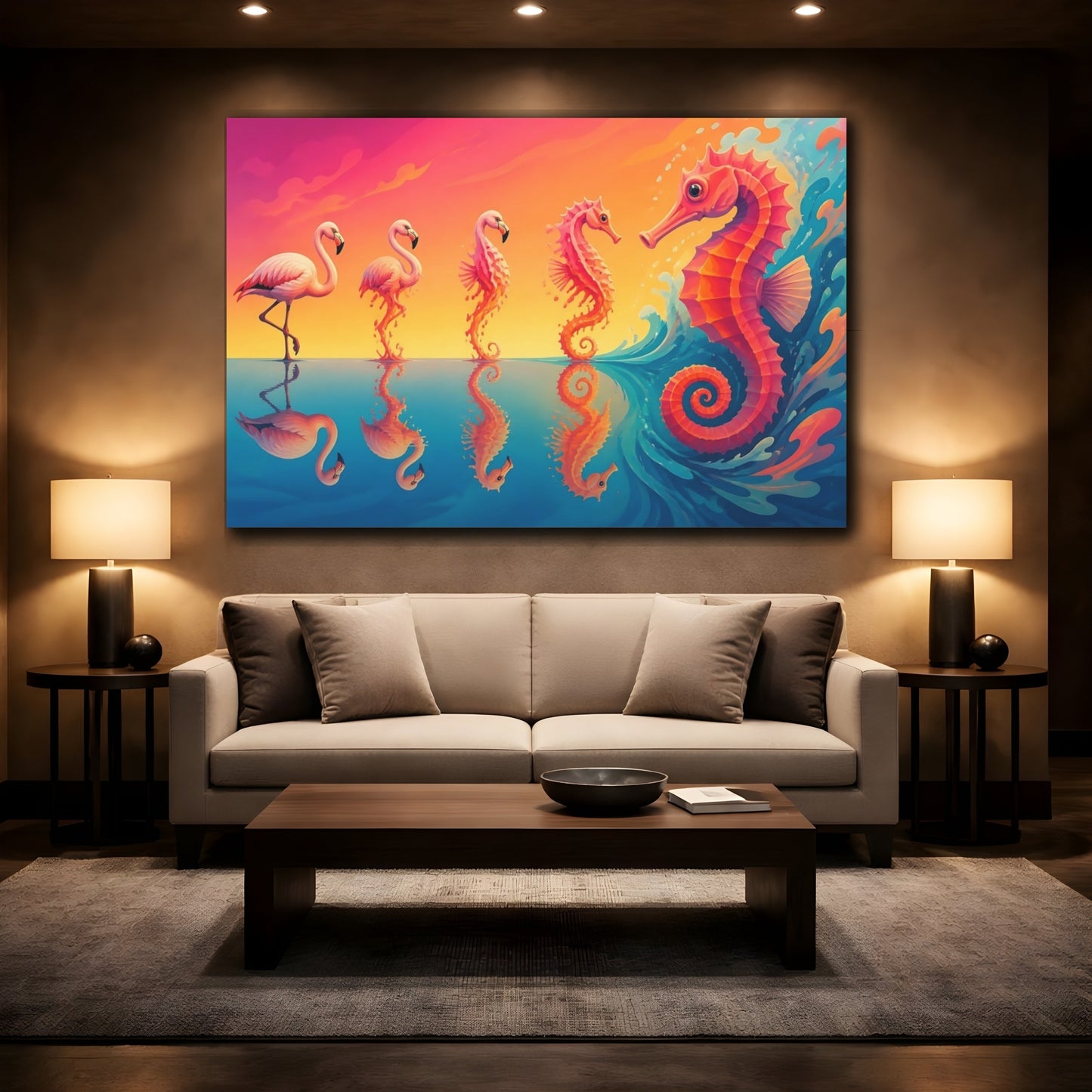 Mockup 2. Flamingo To Seahorse shown as canvas print