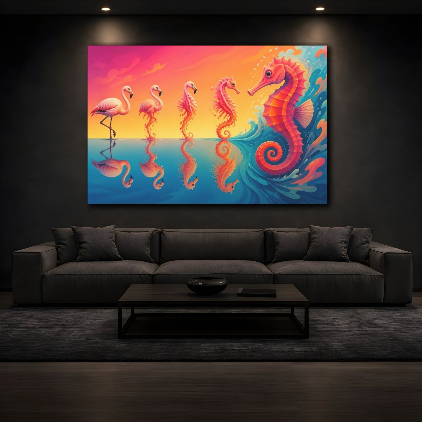 Mockup 3. Flamingo To Seahorse shown as canvas print