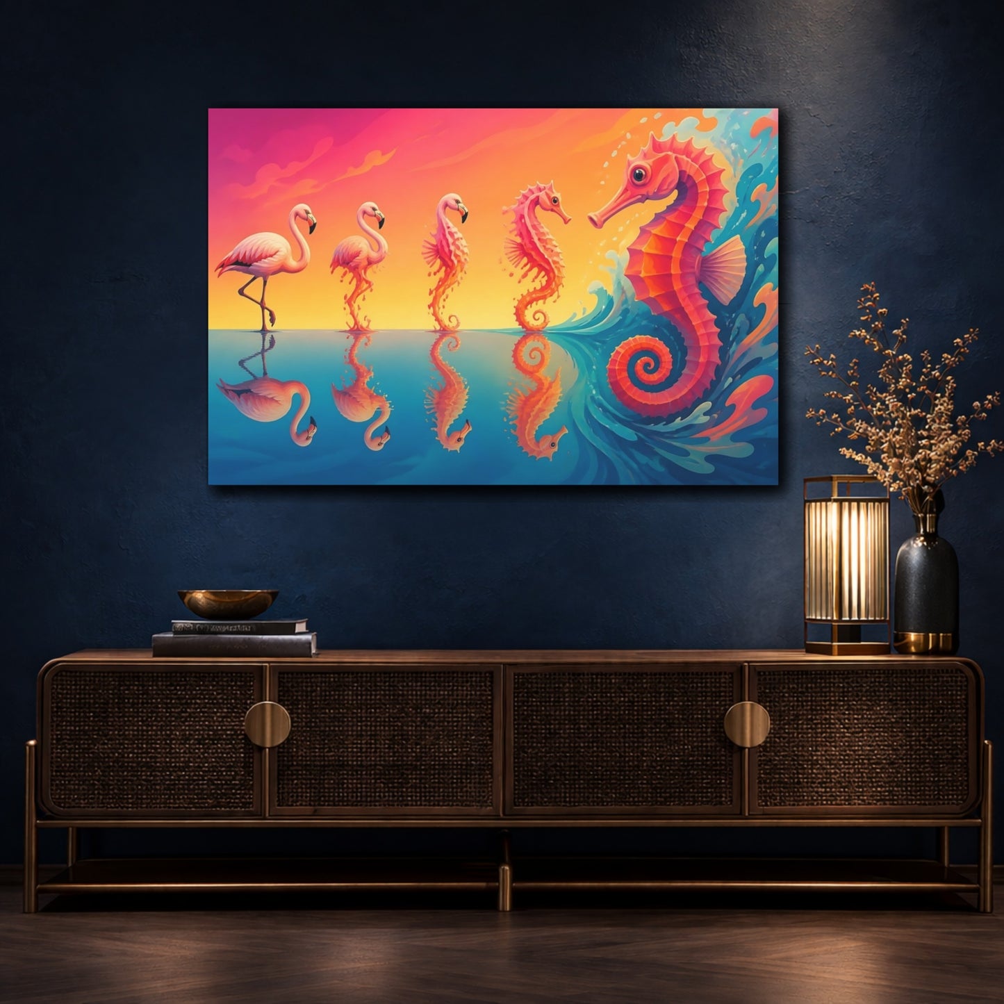 Mockup 4. Flamingo To Seahorse shown as canvas print