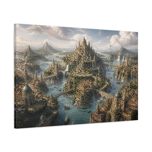 Main Mockup. Floating City Of Waterfalls shown as canvas print