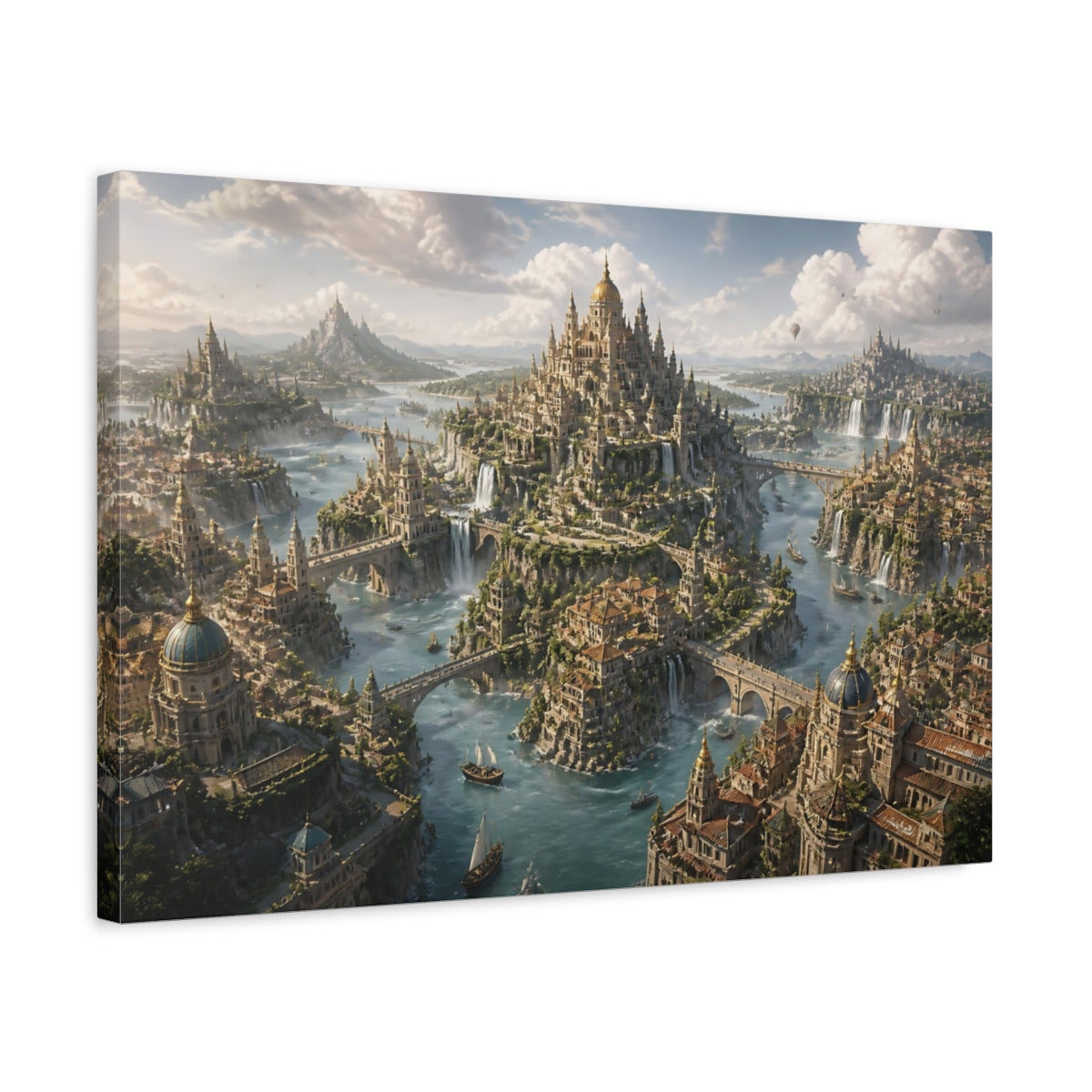 Side Mockup 3. Floating City Of Waterfalls shown as canvas print