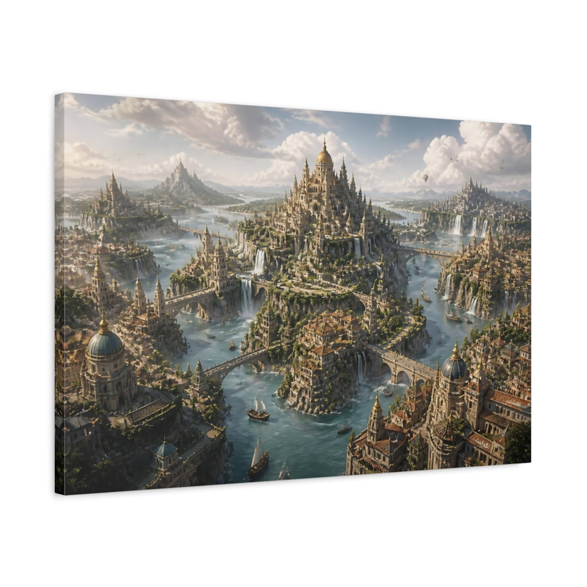 Side Mockup 2. Floating City Of Waterfalls shown as canvas print