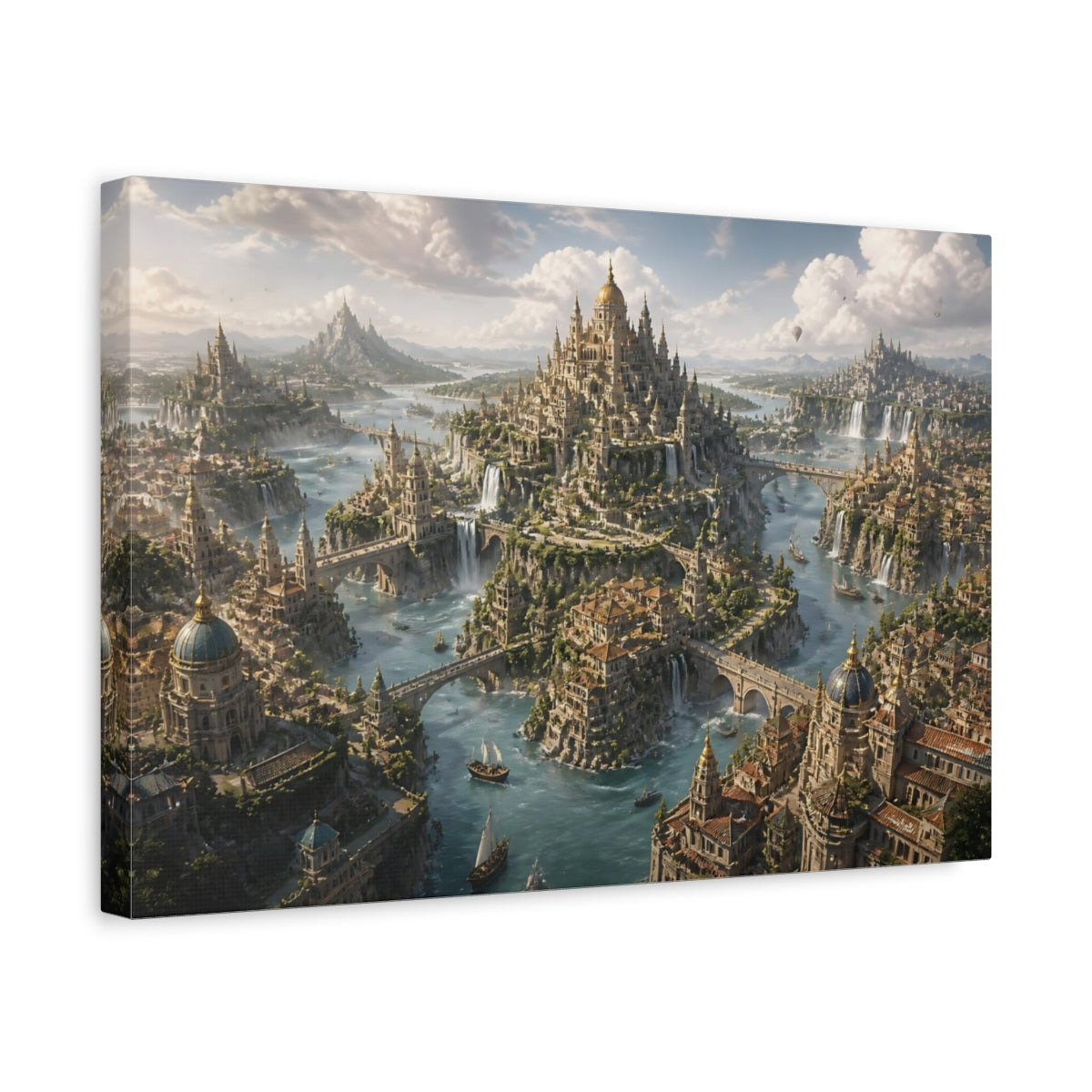 Side Mockup 4. Floating City Of Waterfalls shown as canvas print