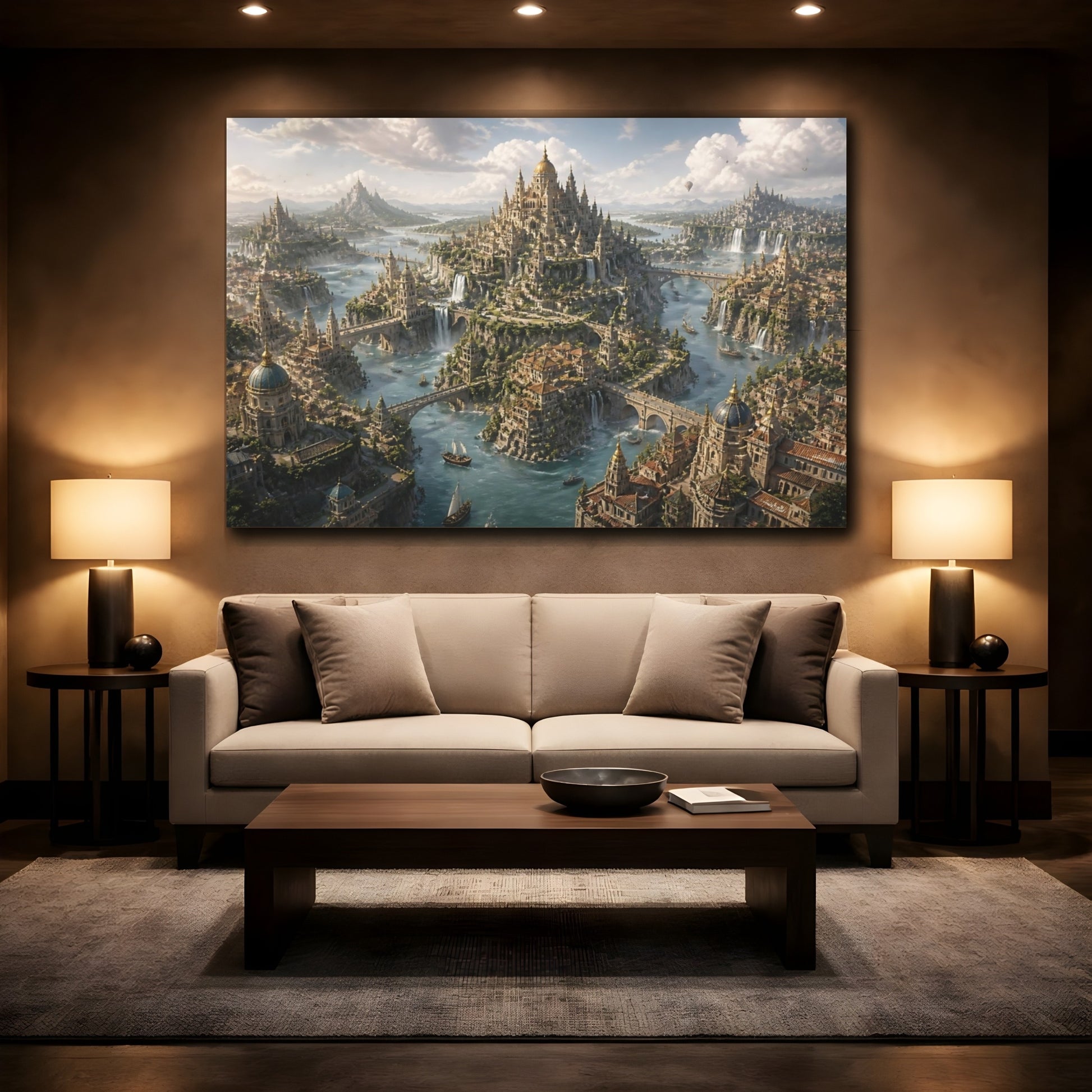 Mockup 2. Floating City Of Waterfalls shown as canvas print