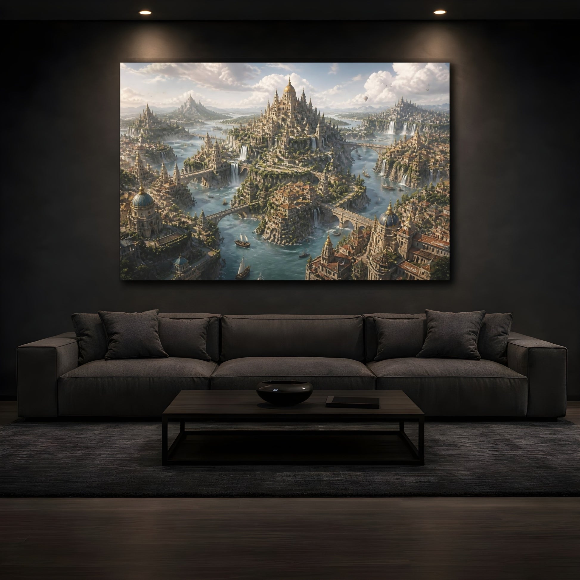 Mockup 3. Floating City Of Waterfalls shown as canvas print