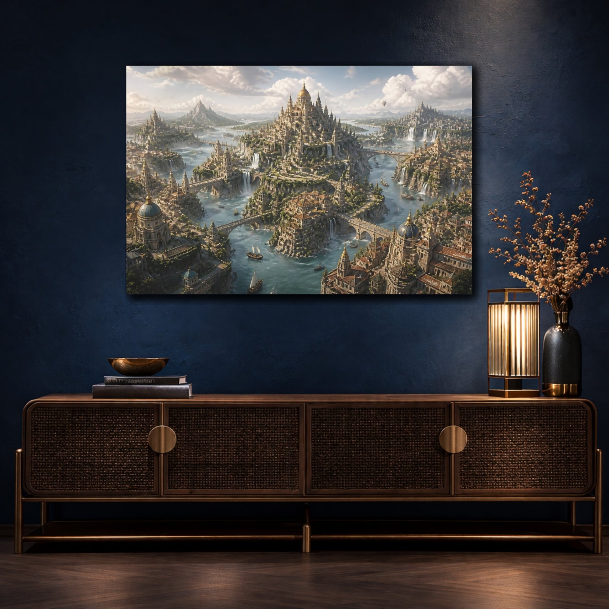 Mockup 4. Floating City Of Waterfalls shown as canvas print