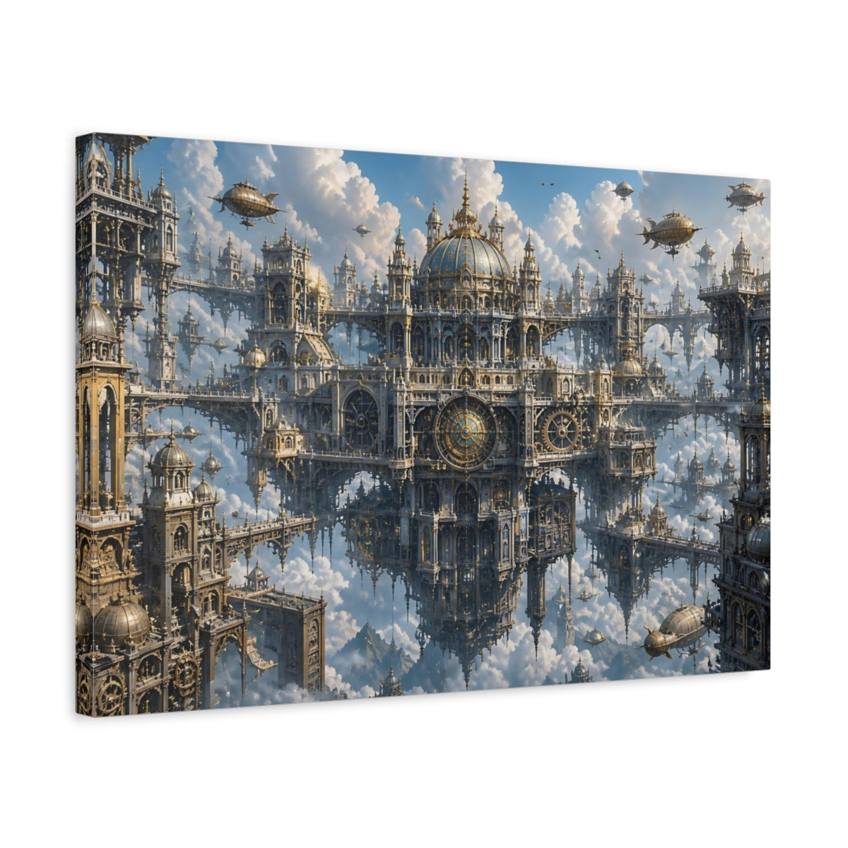 Side Mockup 3. Floating Clockwork City shown as canvas print