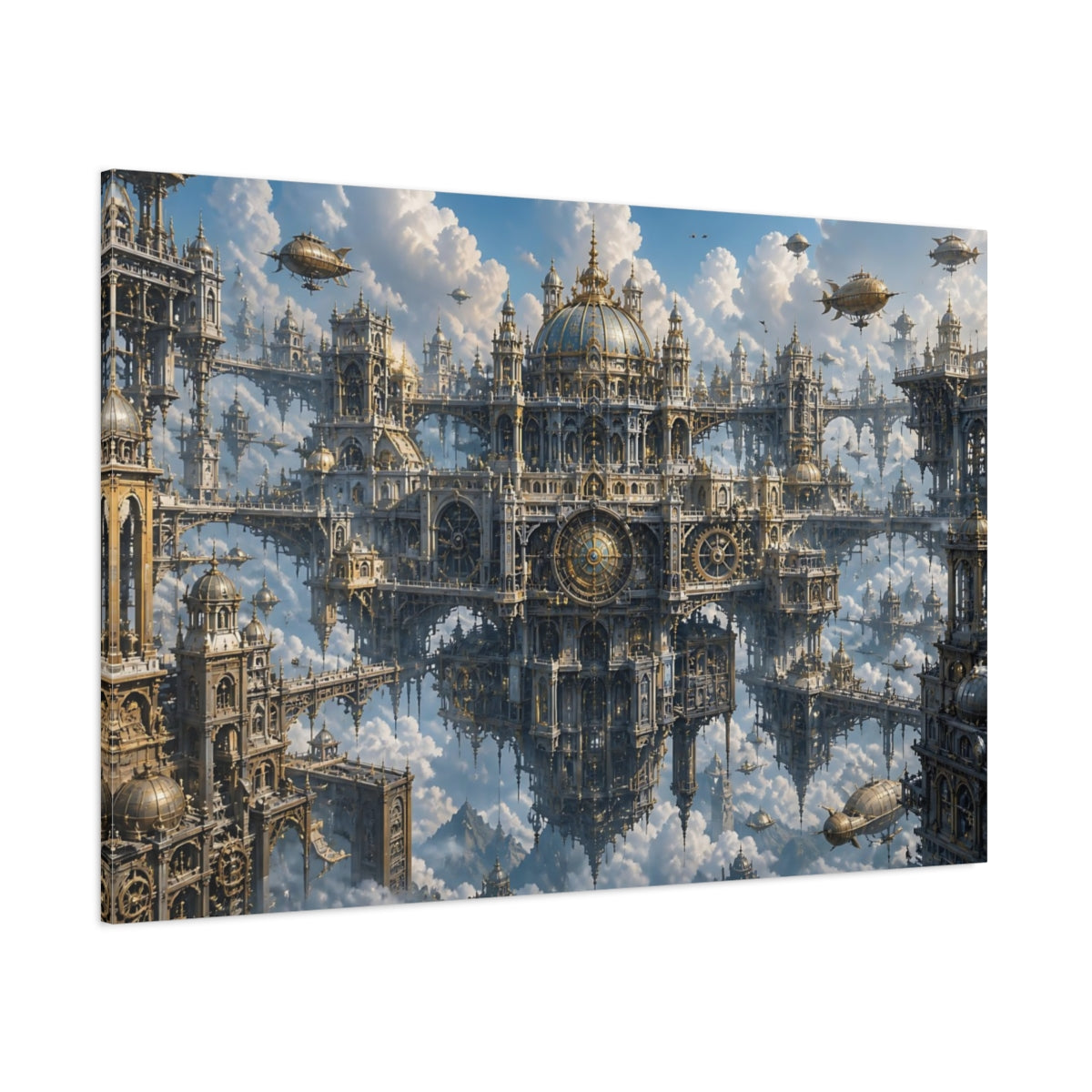Side Mockup 1. Floating Clockwork City shown as canvas print