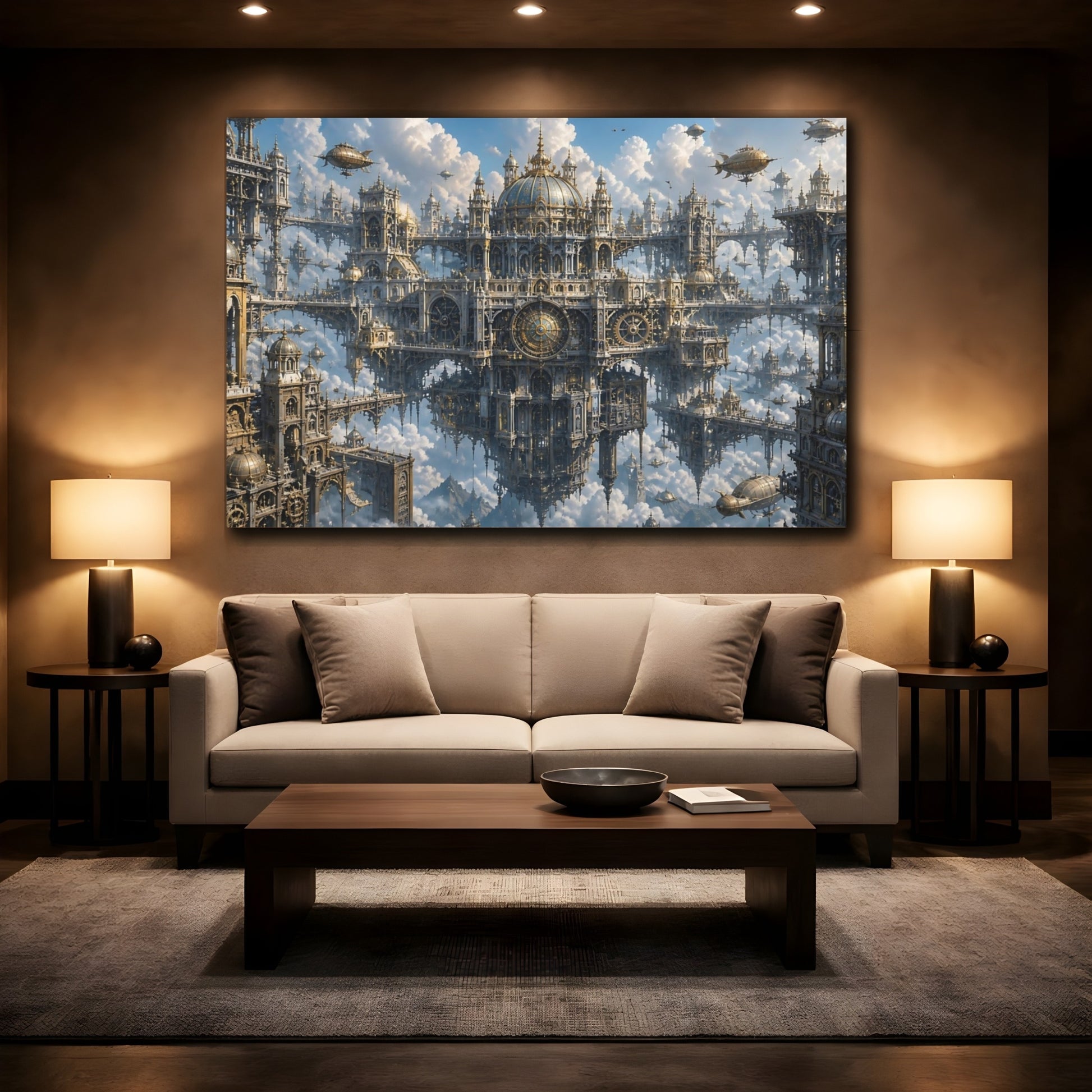Mockup 2. Floating Clockwork City shown as canvas print