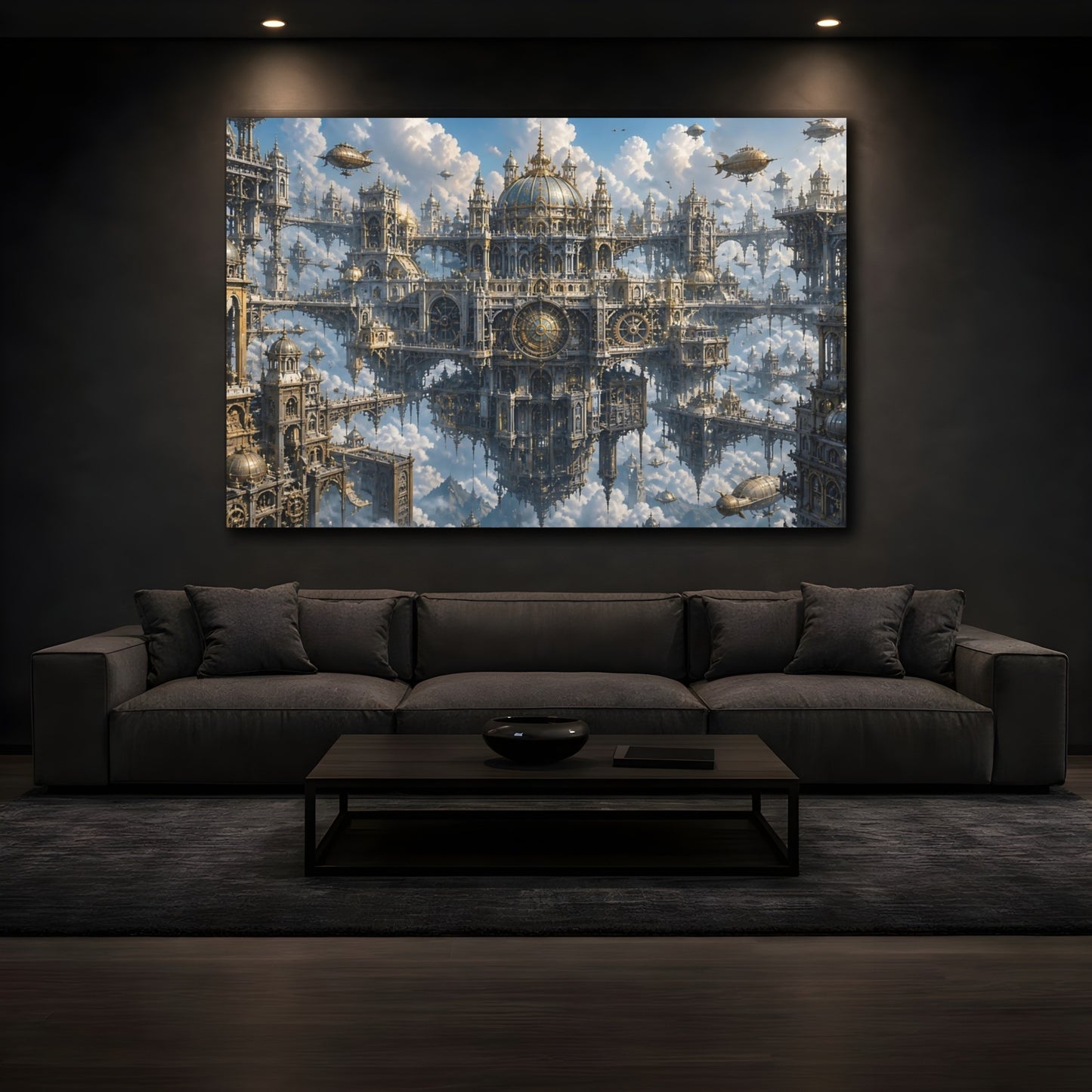 Mockup 3. Floating Clockwork City shown as canvas print