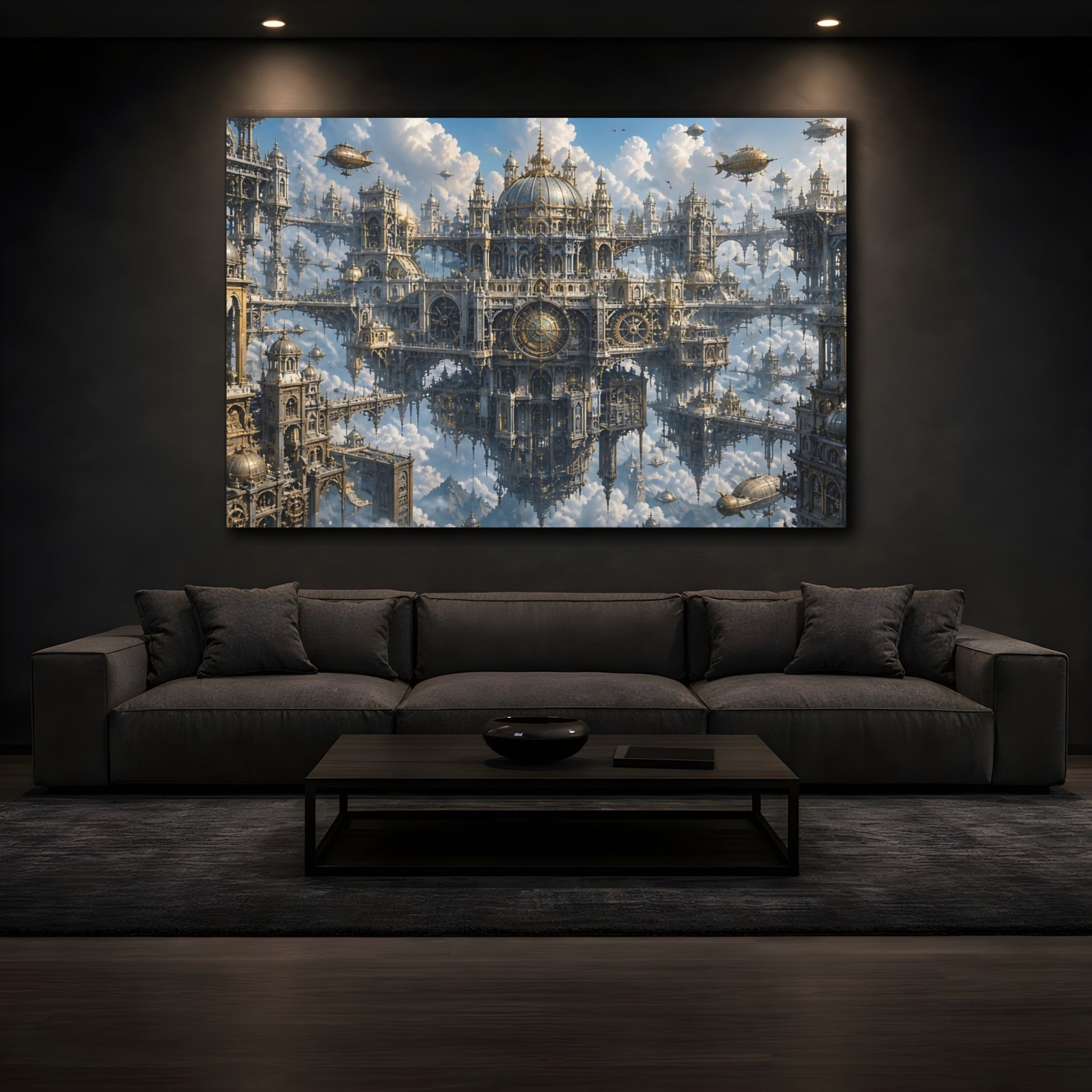 Mockup 3. Floating Clockwork City shown as canvas print