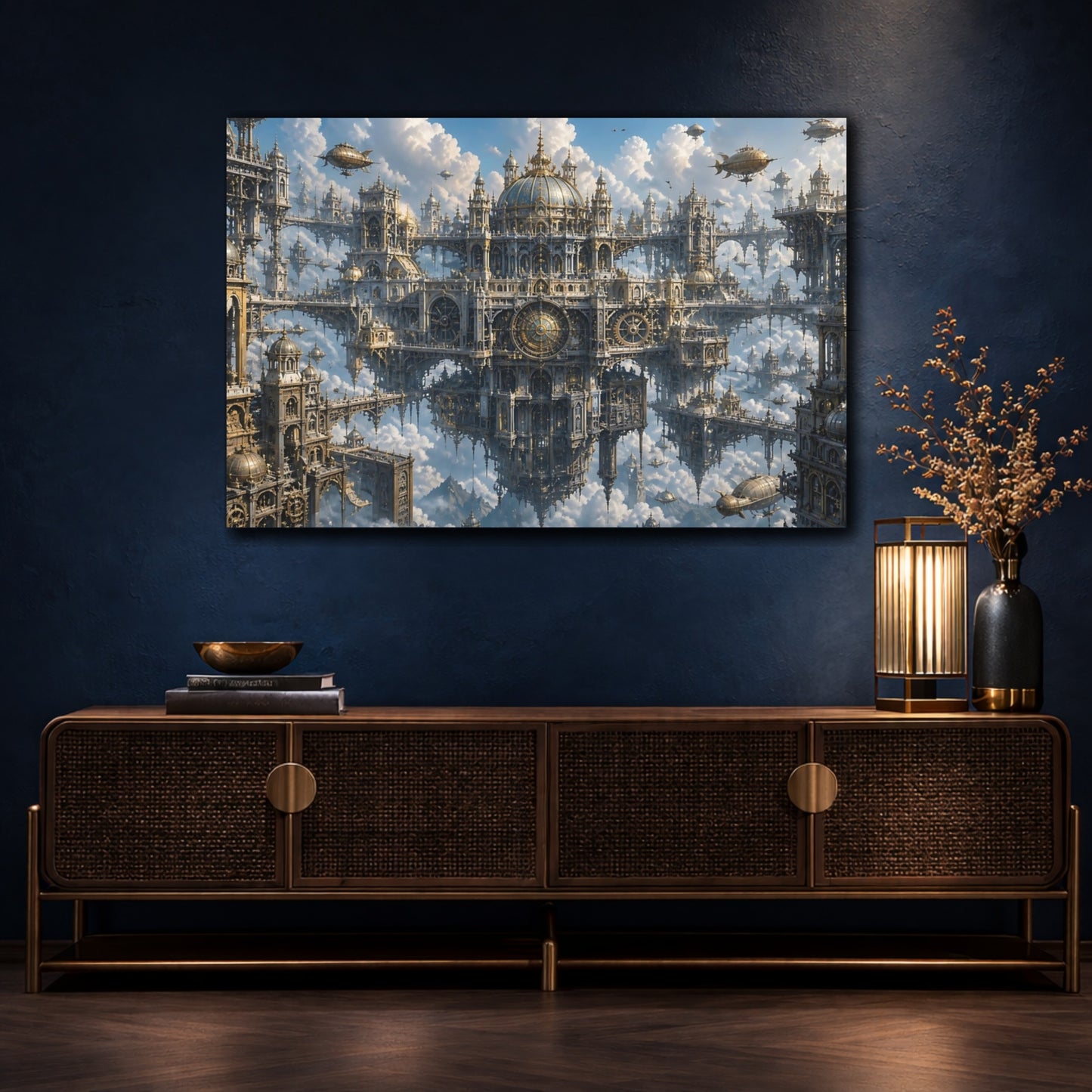 Mockup 4. Floating Clockwork City shown as canvas print