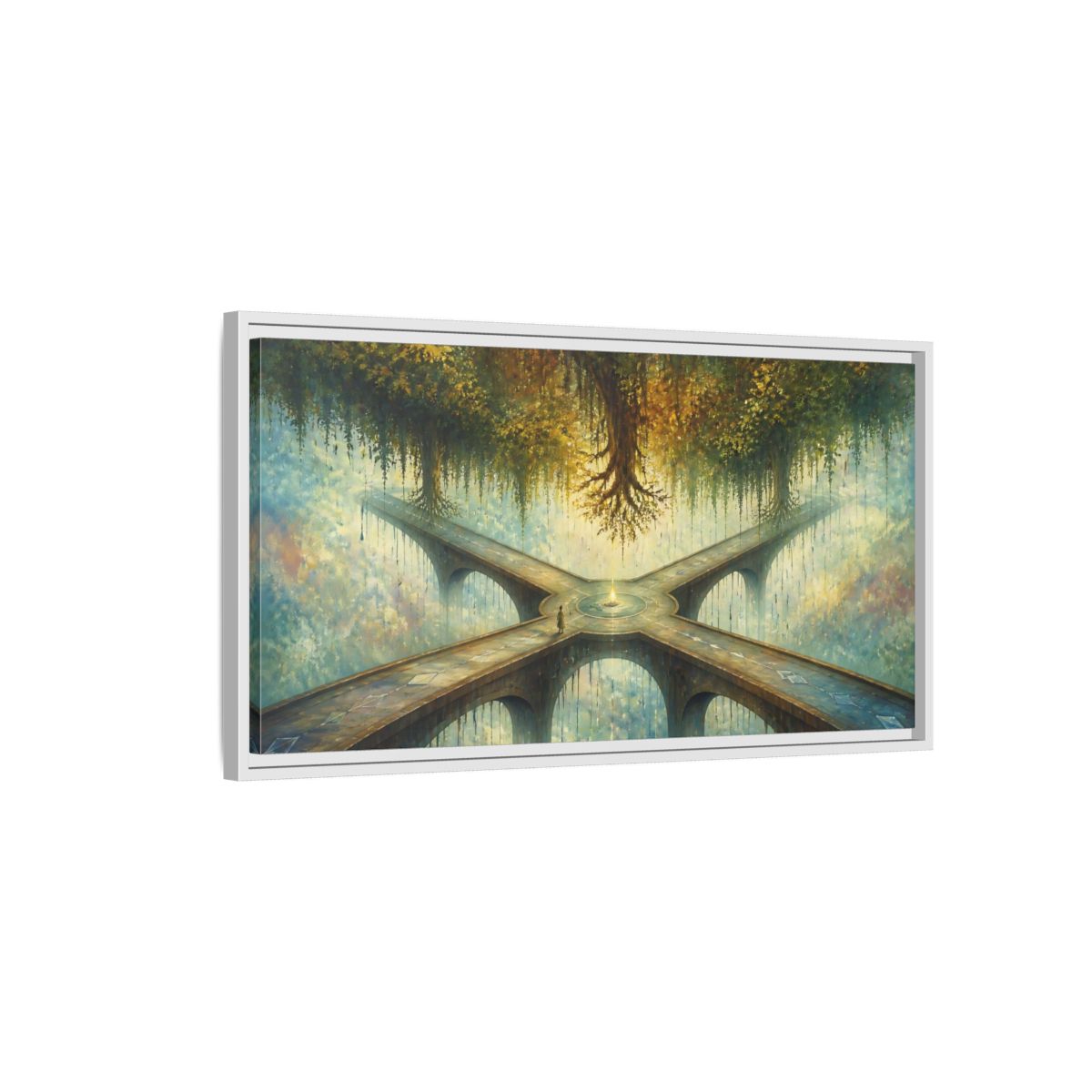 Side Mockup 1. Floating Forest Crossroads shown as framed canvas print