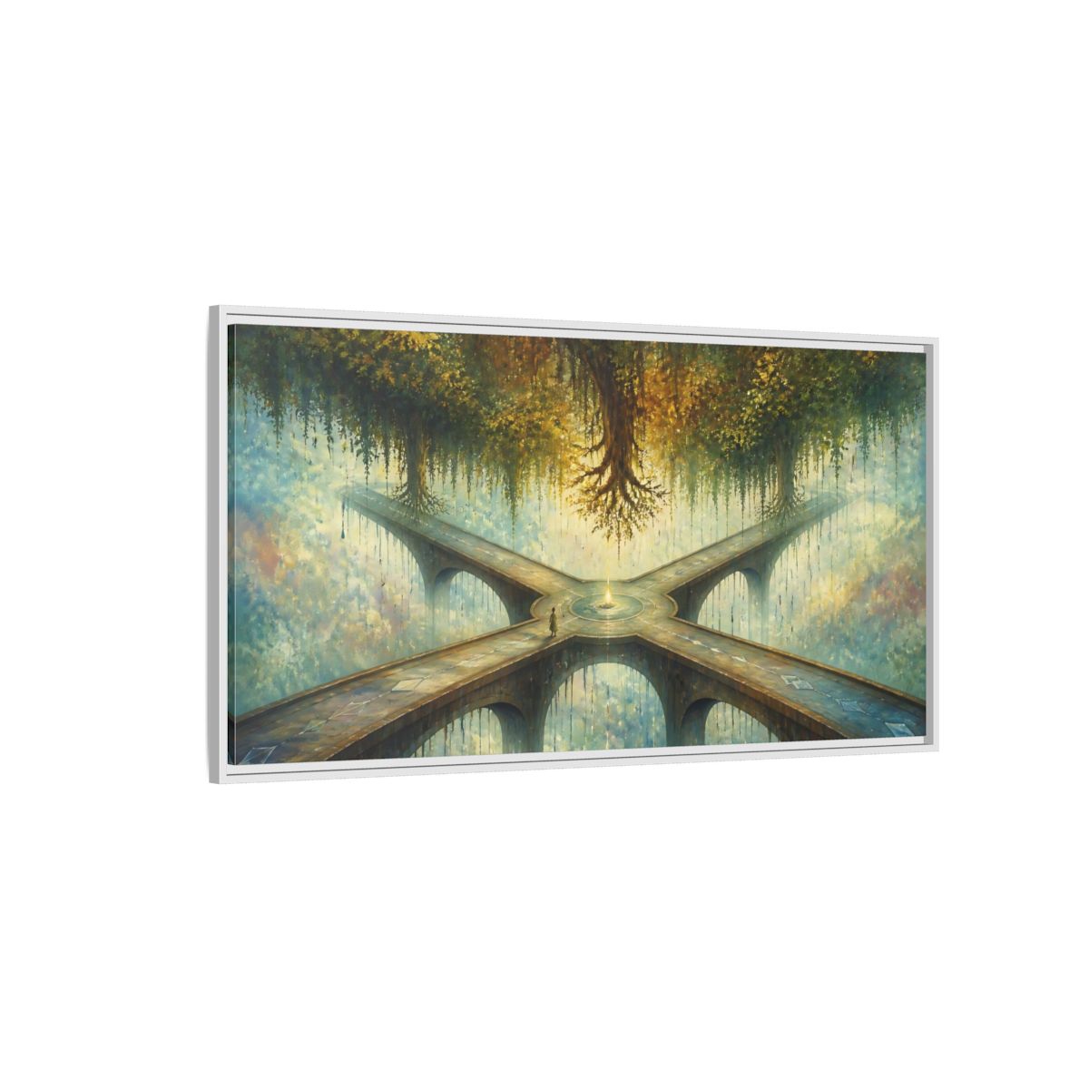Side Mockup 3. Floating Forest Crossroads shown as framed canvas print