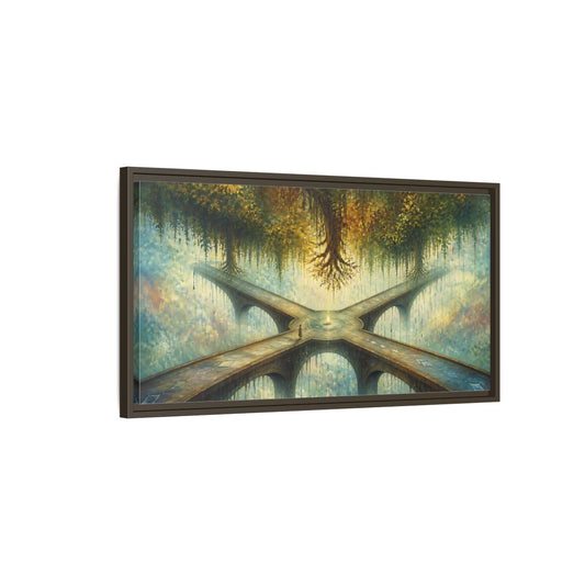 Main Mockup. Floating Forest Crossroads shown as framed canvas print