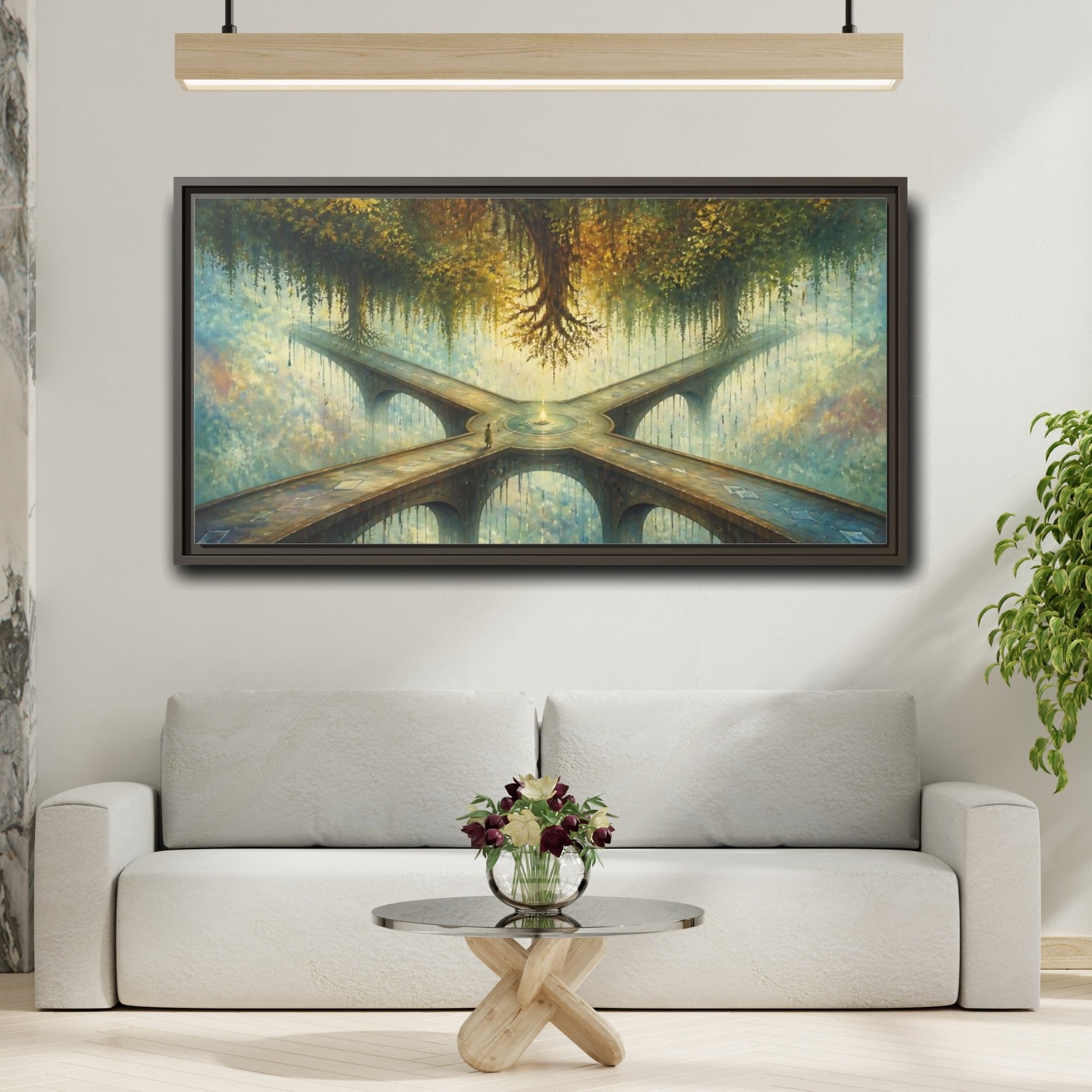 Mockup 2. Floating Forest Crossroads shown as framed canvas print