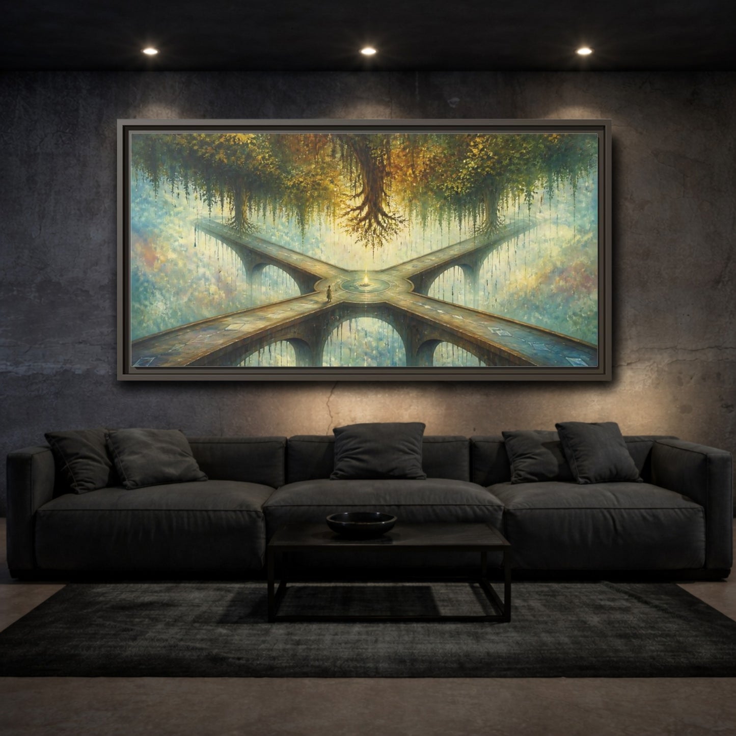 Mockup 3. Floating Forest Crossroads shown as framed canvas print