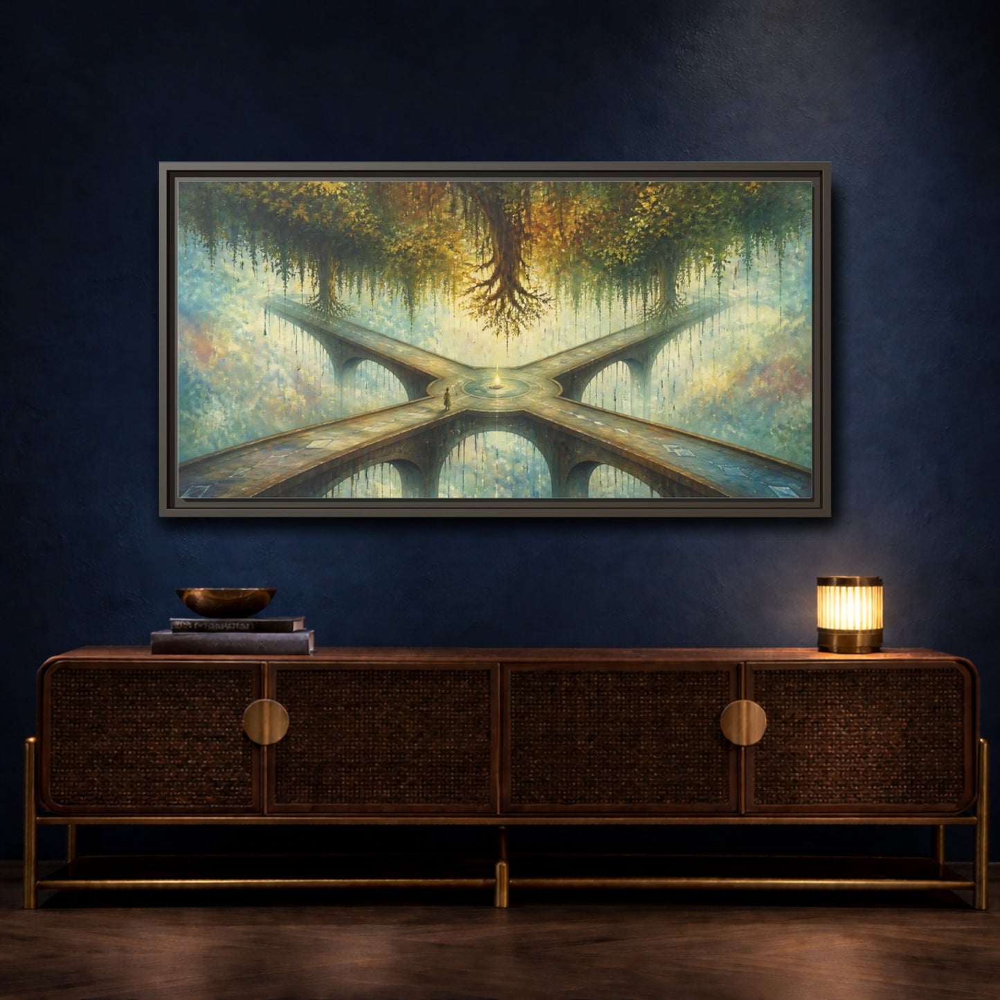 Mockup 4. Floating Forest Crossroads shown as framed canvas print