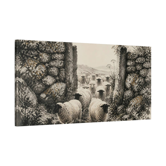 Main Mockup. Flock Through Stone Gate shown as canvas print