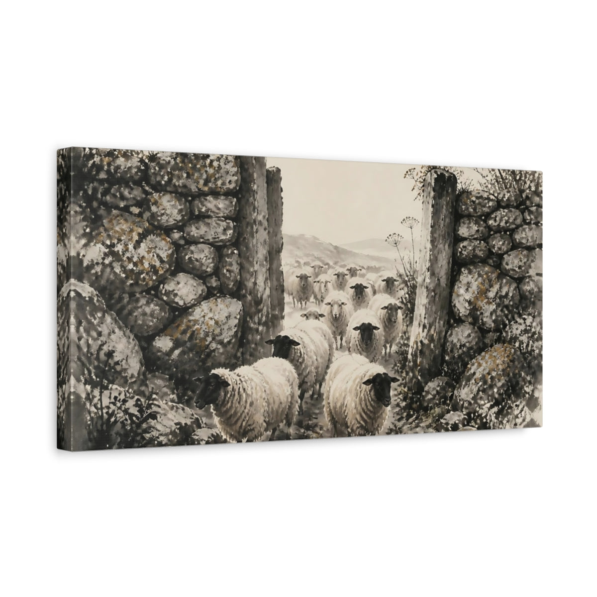 Side Mockup 3. Flock Through Stone Gate shown as canvas print
