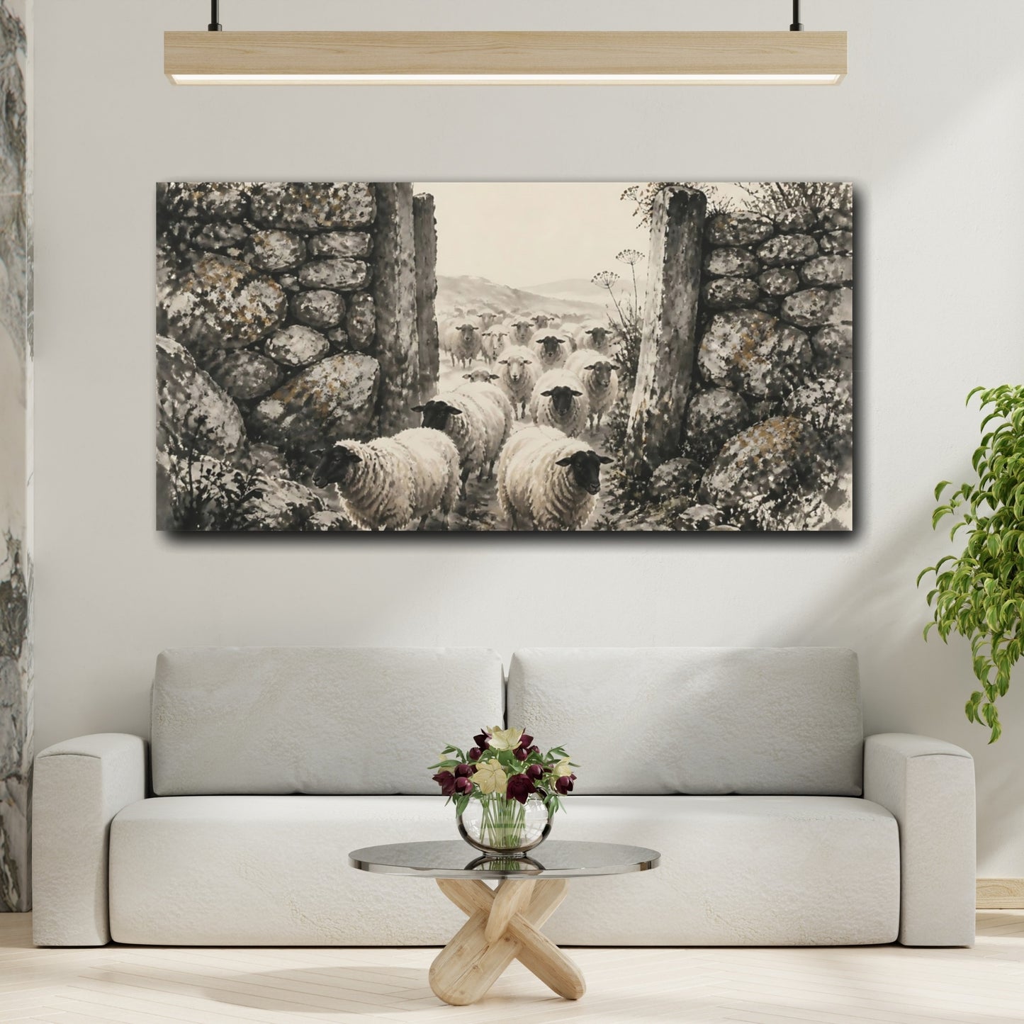Mockup 2. Flock Through Stone Gate shown as canvas print