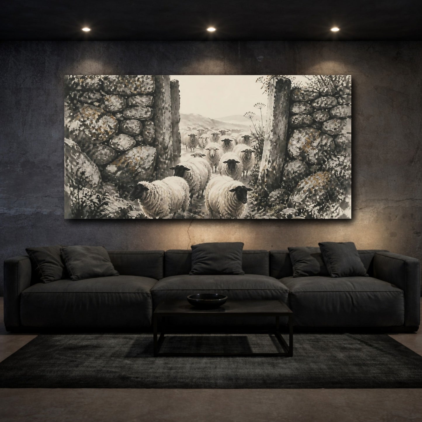Mockup 3. Flock Through Stone Gate shown as canvas print