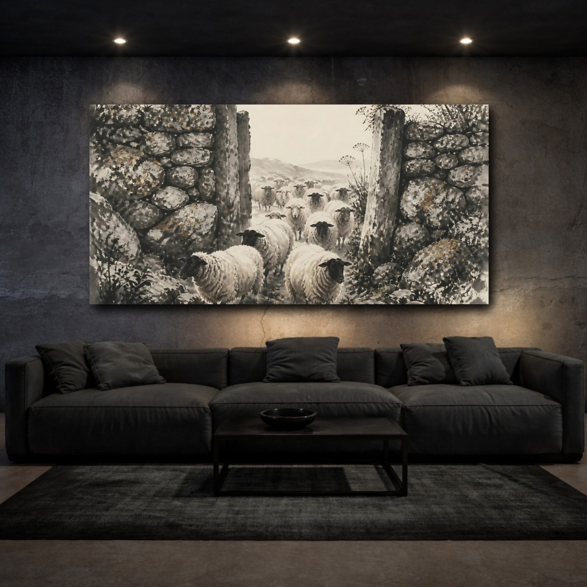 Mockup 3. Flock Through Stone Gate shown as canvas print