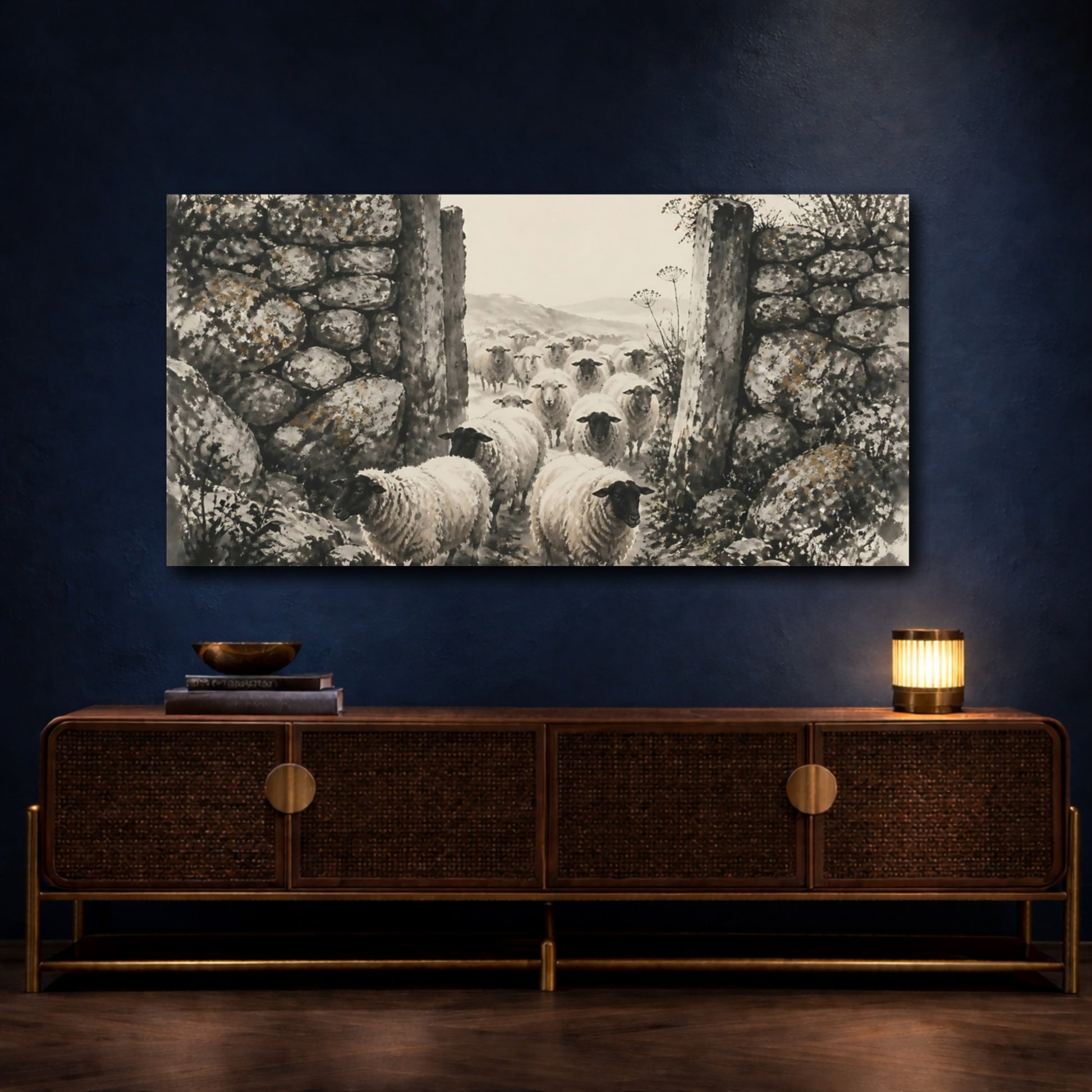 Mockup 4. Flock Through Stone Gate shown as canvas print