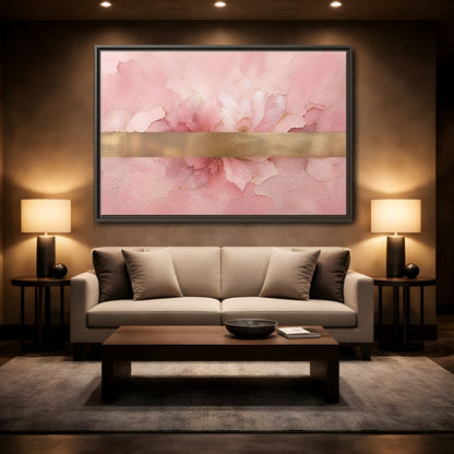 Mockup 2. Floral Abstract Florals Pink Gold Abstract shown as stretched canvas wall art