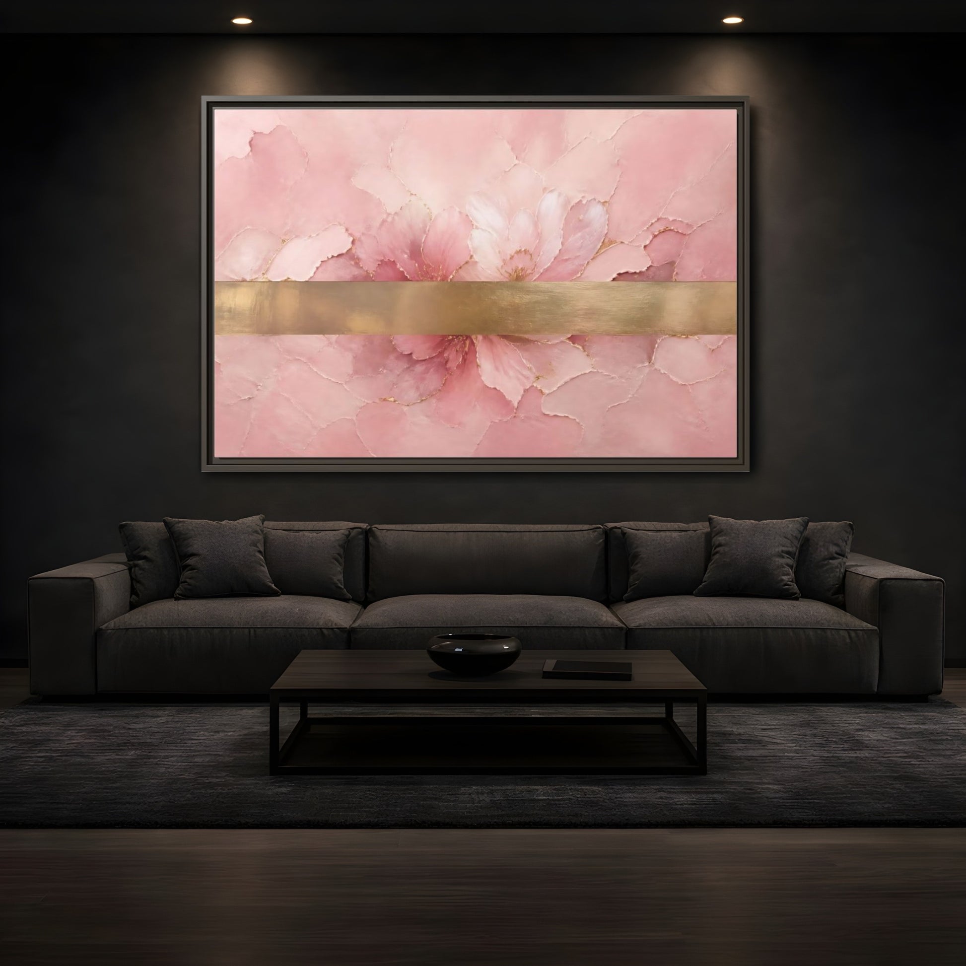 Mockup 3. Floral Abstract Florals Pink Gold Abstract shown as stretched canvas wall art