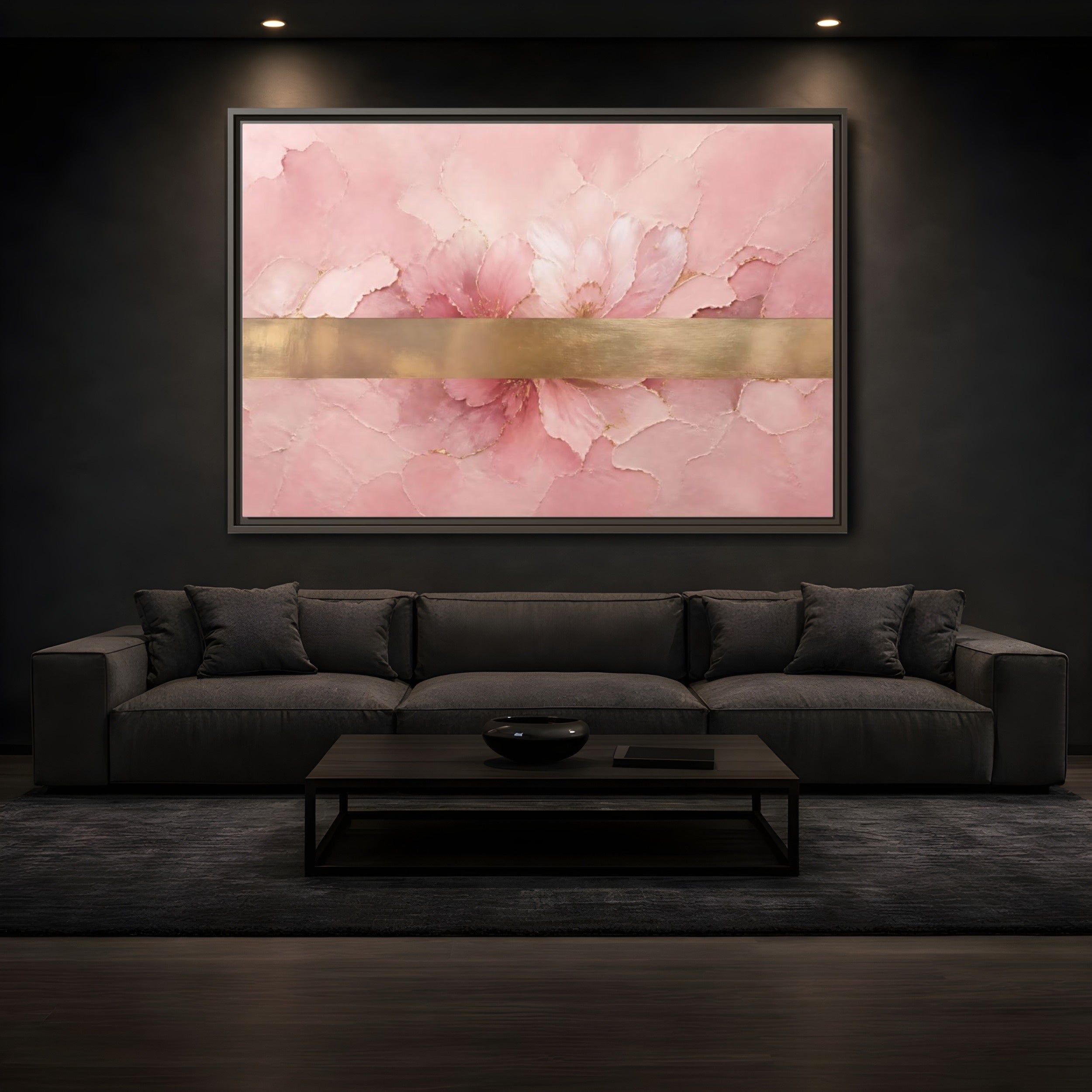 Mockup 3. Floral Abstract Florals Pink Gold Abstract shown as stretched canvas wall art