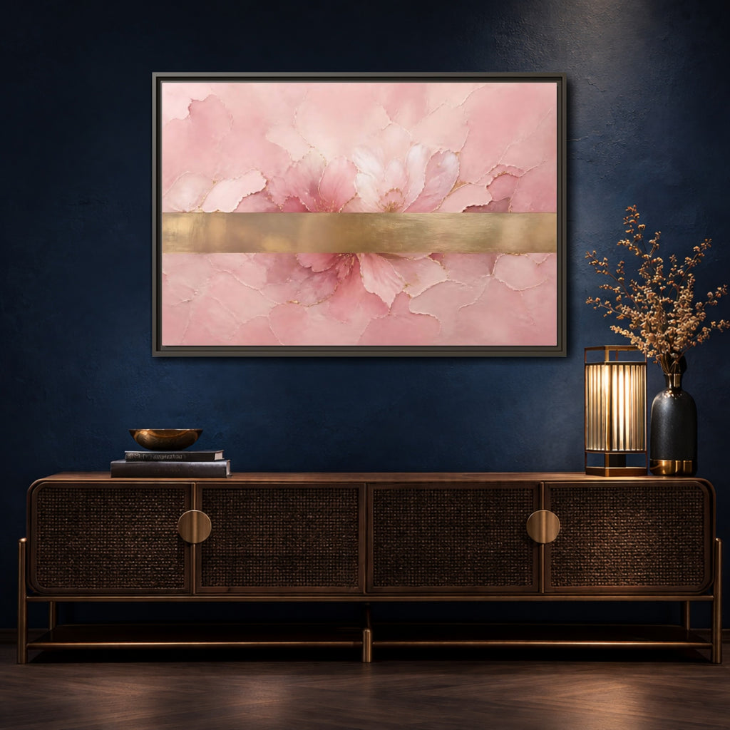 Mockup 4. Floral Abstract Florals Pink Gold Abstract shown as stretched canvas wall art