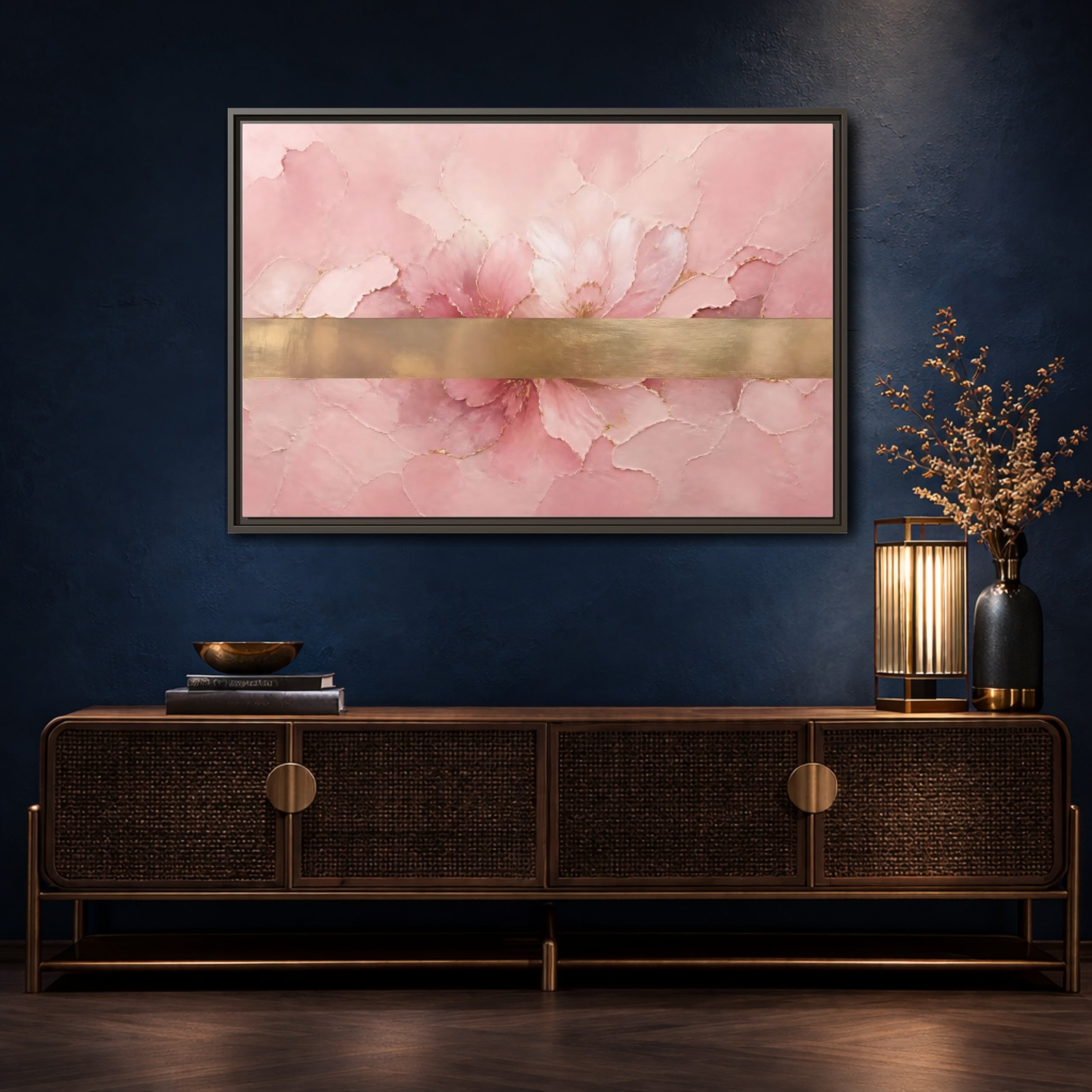 Mockup 4. Floral Abstract Florals Pink Gold Abstract shown as stretched canvas wall art