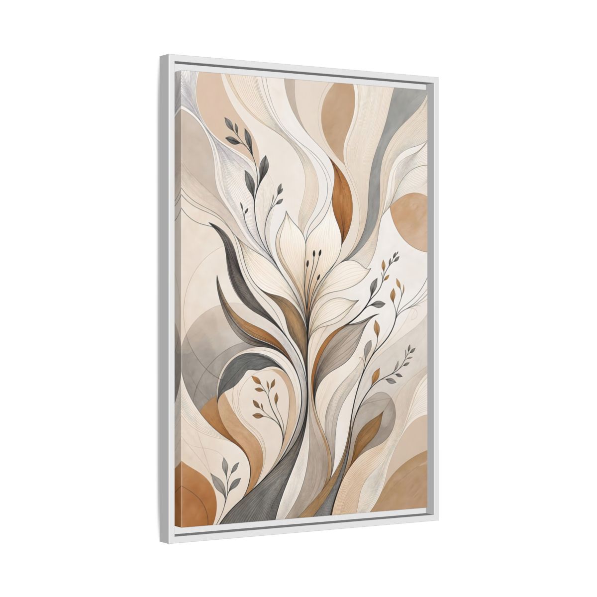 Side Mockup 10. Floral Abstract Flower Beige Brown Grey shown as stretched canvas wall art