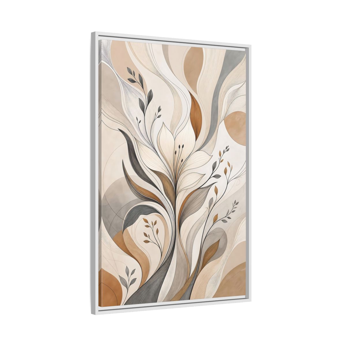 Side Mockup 9. Floral Abstract Flower Beige Brown Grey shown as stretched canvas wall art