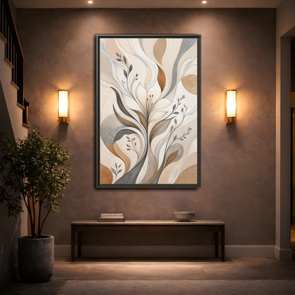 Floral Abstract Flower Beige Brown Grey Framed Canvas Wall Art - Modern Decor for Living Room, Above Fireplace shown as canvas wall art
