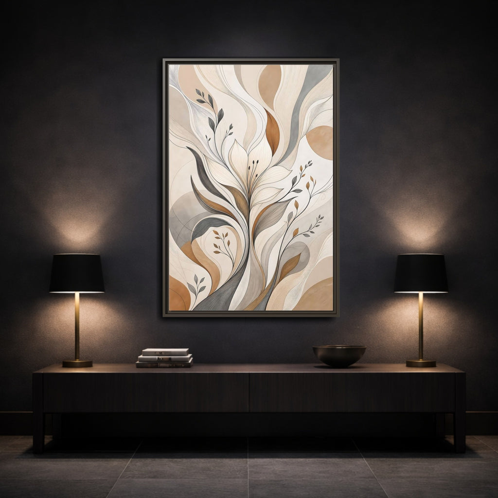 Mockup 3. Floral Abstract Flower Beige Brown Grey shown as stretched canvas wall art