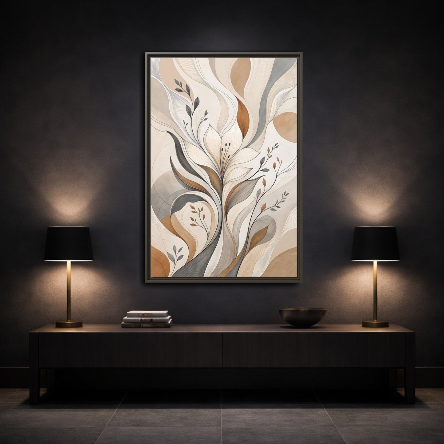 Floral Abstract Flower Beige Brown Grey Framed Canvas Wall Art - Modern Decor for Living Room, Above Fireplace shown as canvas wall art