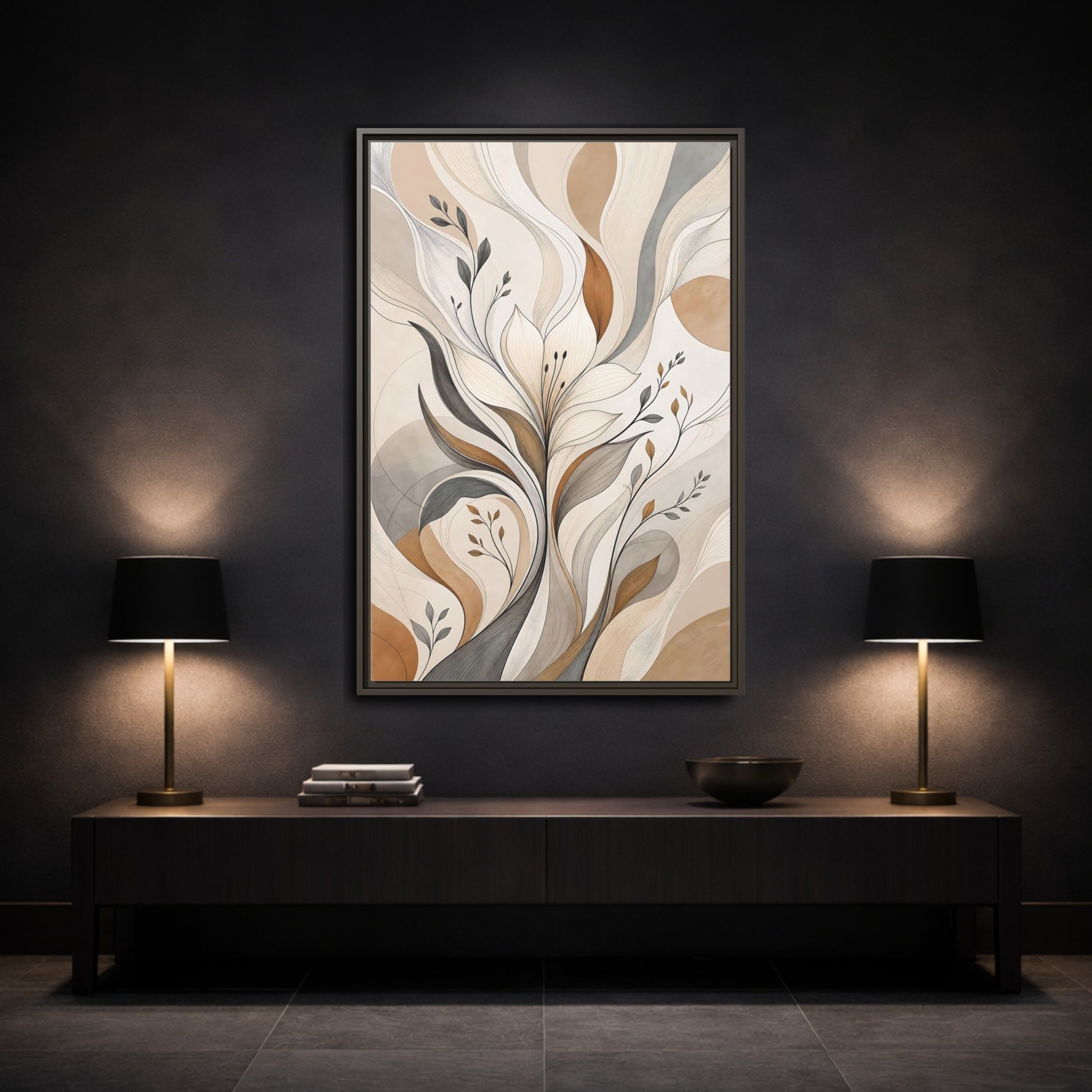 Mockup 3. Floral Abstract Flower Beige Brown Grey shown as stretched canvas wall art