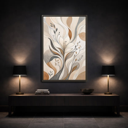 Floral Abstract Flower Beige Brown Grey Framed Canvas Wall Art - Modern Decor for Living Room, Above Fireplace shown as canvas wall art